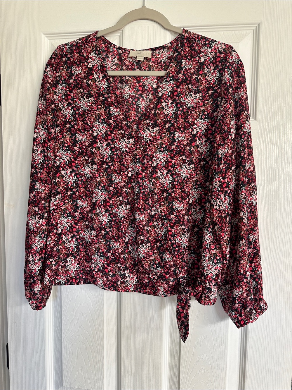 LOFT Burgundy Multi Floral Tie-Hem Long Sleeve Blouse